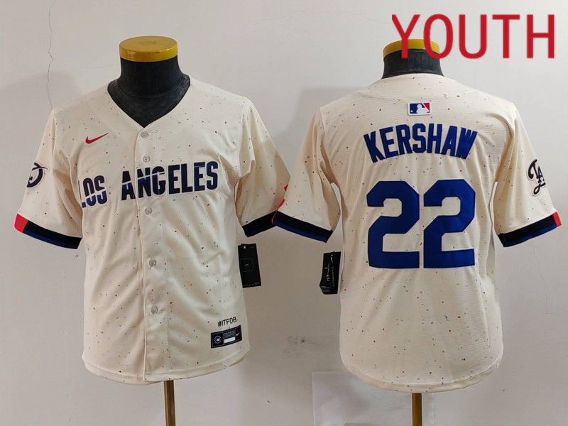 Youth Los Angeles Dodgers #22 Kershaw Cream Fashion Nike Game MLB Jersey style 701
